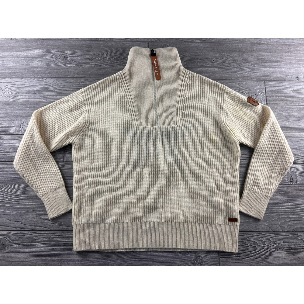 Wanakome Cream Wool Blend Star Intarsia Ribbed Quarter Zip Sweater Mens Large